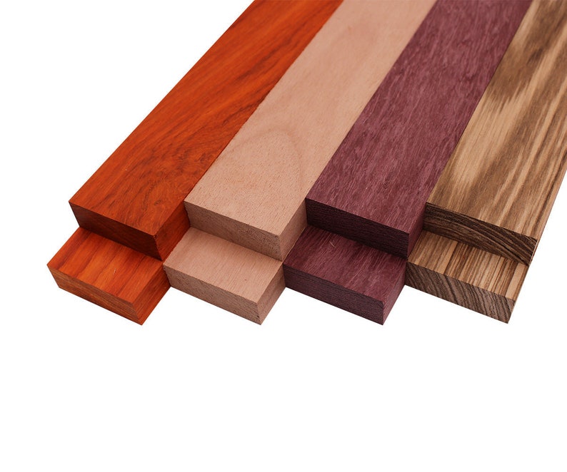 Imported Exotic Hardwood Variety Pack - Zebrawood, Purpleheart, Padauk, Okoume - 3/4" x 2" (8 Pcs)