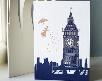 Mary Poppins Card - Striking linocut design for birthdays, graduations and to make someone smile! Perfect for Poppins fans (Blank inside)