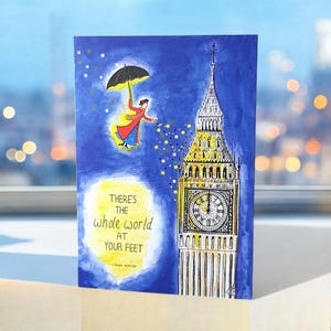 Carte de citation Mary Poppins - « Le monde entier est à vos pieds » tableau pour félicitations, remise des diplômes, inspiration et aventures.