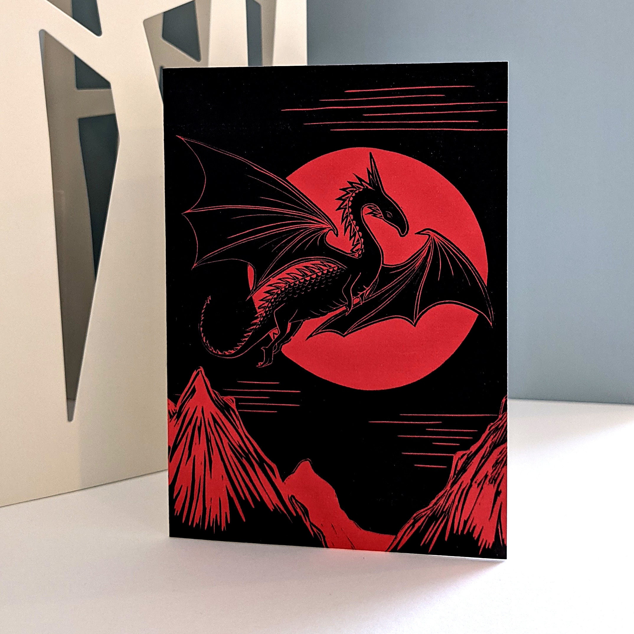 Dragon Linocut Card in Striking Red and Black. Father's Etsy