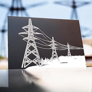 Pylons Linoldruck Stilvolle Karte - Ungewöhnliche und auffallende Geburtstagskarte, Vatertagskarte oder für jeden Anlass.
