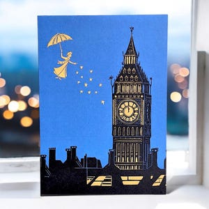 Tarjeta azul de Mary Poppins: ¡Impresionante diseño en linograbado para cumpleaños, graduaciones y para alegrar el día! Perfecta para fans de Poppins.