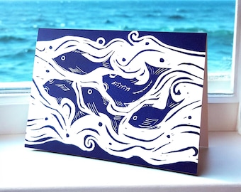 Cartão de peixe em linóleo - para aniversários, dia dos pais e comemorações. Ótimo cartão para homens e amantes do litoral e do oceano. Azul ou turquesa.