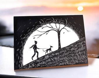Dog Walker Linocut Card - Birthday Card, Father's Day Card and For Dog Lovers, Particularly Owners of Whippets. Choice of colours