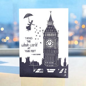 Carte citation Mary Poppins – Linogravure avec « Il y a le monde entier à vos pieds » pour félicitations, remise des diplômes, inspiration ou aventures