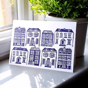 Carte de linogravure petites maisons - carte de nouvelle maison, carte d'anniversaire, carte de remerciement voisins et toute autre occasion. Blanc à l'intérieur