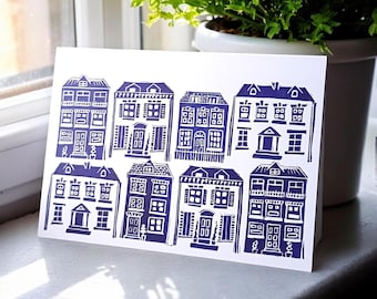 Little Houses Linocut Card - New Home Card, Birthday Card, Thank You Neighbours Card and Any Other Occasion. Blank Inside