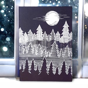 Misty Trees Linocut Card - striking, stylish and unusual card for birthdays, Christmas and other occasions