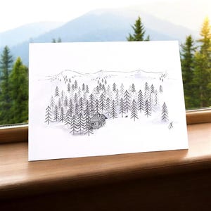 Escape it all-kaart: handgetekend ontwerp van een hut in het bos met een hond. Vaderdagkaart, verjaardagskaart, bedankkaart, blanco binnenkant