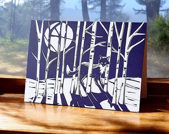 Fox Linocut Card - Striking, Stylish, Unusual card for Father's Day, Birthdays, and other Occasions. Blank for your message.