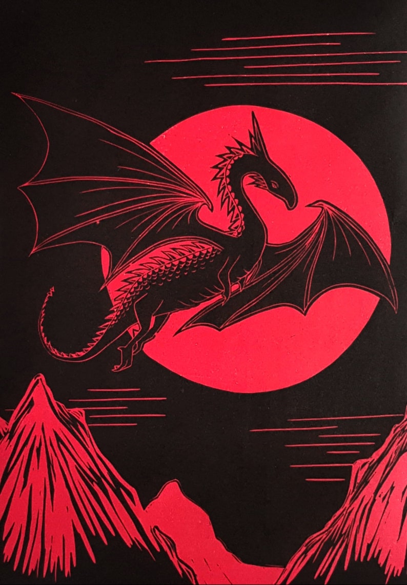 Dragon Linocut Card in Striking Red and Black. Father's Etsy