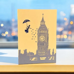 Mary Poppins Card Yellow - Opvallend linosnedeontwerp voor verjaardagen, diploma-uitreikingen en om iemand te laten glimlachen! Perfect voor Poppins-fans