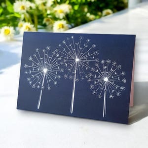 Cartão Linocut Dandelions para o Dia das Mães, aniversários, boa sorte e pensando em você. Cartão positivo e esperançoso para bons desejos