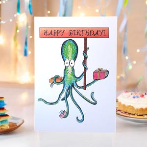 Geburtstags-Oktopus-Karte - Spaß, Funky, einzigartig, Geburtstagskarte für Kinder und Erwachsene. Bring jemanden zum Lächeln mit diesem niedlichen Oktopus mit Geschenken!