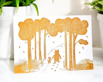 Pooh and Piglet Freundschaftskarte - Linoldruck Motiv der Bilderbuchfreunde zum Muttertag oder zu anderen Anlässen (innen leer)