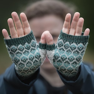 Könnte beinhalten: Gestrickte Fingerhandschuhe mit einem geometrischen Muster in Grün, Türkis und Weiß. Die Handschuhe haben eine dunkelgrünen Bund. Der Hintergrund ist unscharf. Ein praktisches und stilvolles Accessoire.