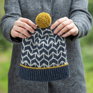 May include: A blue and white knitted hat with a chevron pattern and a yellow pom pom on top. The hat has a dark blue brim.
