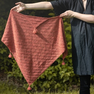 May include: A coral-colored knitted shawl with fringe tassels. The shawl is draped over the arm of a person wearing a black dress.