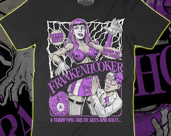 May include: Black t-shirt with a purple and white graphic from the film Frankenhooker. The design features a woman with purple hair, a doctor, and the text "Frankenhooker". The shirt also has the text "Wanna Date?" and "Looking for some action".