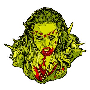May include: A stylized illustration of a female figure with green skin, long green hair, and sharp features. The figure has red blood dripping from the mouth and wounds. The image has a horror theme.