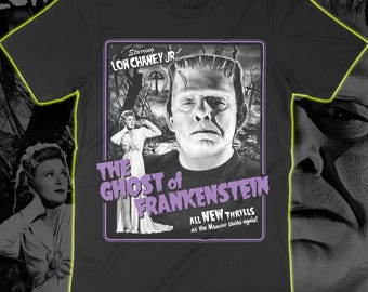 Könnte beinhalten: Ein schwarzes T-Shirt mit einem grafischen Druck des Filmplakats zu The Ghost of Frankenstein. Das Design zeigt ein Porträt des Monsters, eine Frau in einem weißen Kleid und den Text Starring Lon Chaney Jr, The Ghost of Frankenstein.