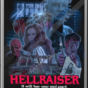 Peut inclure: Une affiche de film d'horreur vintage pour le film Hellraiser. L'affiche présente un fond sombre avec un titre rouge et blanc, "Hellraiser." Le slogan dit : "Il déchirera votre âme." L'affiche présente un groupe de personnages, dont un homme au visage sanglant et crochu, une femme aux longs cheveux roux et un homme au visage sanglant tenant un couteau. L'affiche présente également une scène du film, montrant un homme au visage sanglant et crochu debout dans une pièce avec une boîte à énigmes.