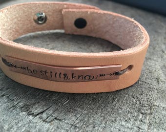 Leather cuff bracelet with bar- be still and know, horse archer, I am enough, or custom text!