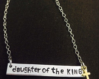 Daughter of the King Silver Bar Necklace with Cross, also available in brass!