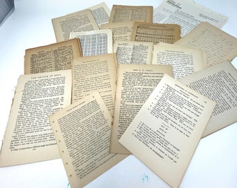 May include: A selection of aged paper pages with printed text, showing varying sizes and shapes. Some pages are yellowed with age, featuring text like "The Crater of Hell" and "Clinic 17". The collection includes book pages, scripts, and musical scores.