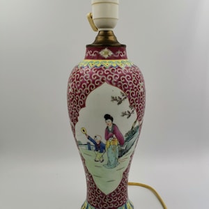 Vintage Mun Shou(Famille Rose) Lámpara de mesa Zhongguo Jingdezhen de 1950-1960,50 cm, 19&quot;