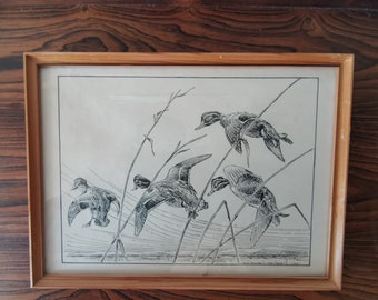 Danish lithograph from Leif Ragn Jensen Litograph of a Hunting Scene from 1965 framed,glass