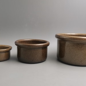 Può includere: Tre ciotole in ceramica marrone di diverse dimensioni. Le ciotole hanno una consistenza macchiettata e un bordo arrotondato. La ciotola più piccola è a sinistra, seguita da una ciotola di medie dimensioni e da una ciotola più grande a destra.