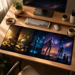 May include: A rectangular desk mat featuring a vibrant, multi-panel illustration. The artwork depicts a series of scenes with robots and futuristic figures, set against backdrops of libraries, cityscapes, and galaxies. The mat is designed to protect the desk surface.