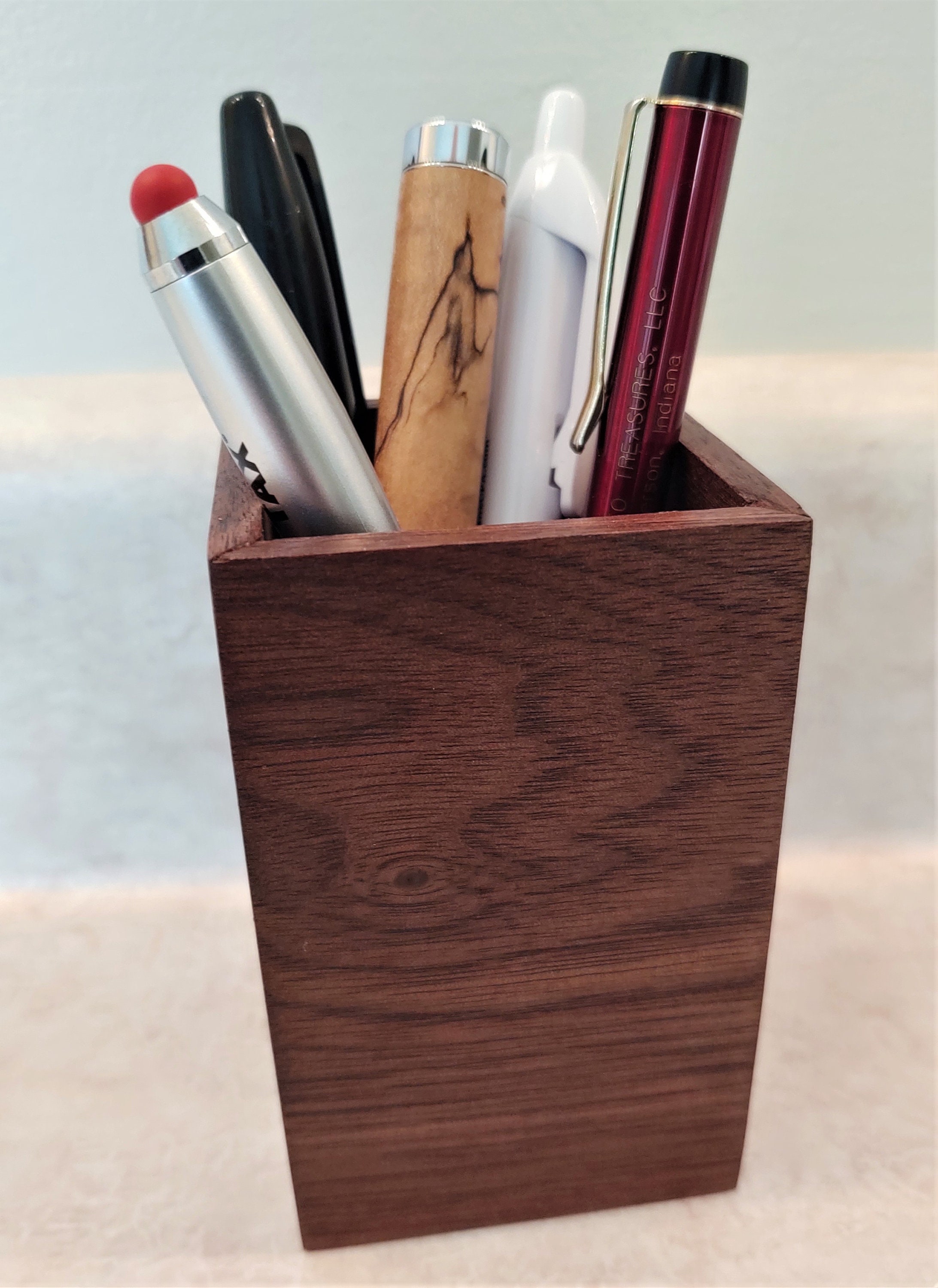 Christmas Sale 25% off Limited Time Pen and Pencil Caddy With Business Card  Holder, Desk Organizer, Walnut, Wood 