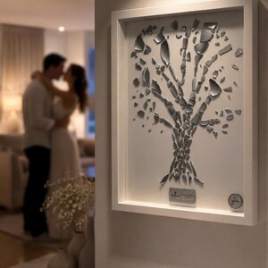 Peut inclure: Une œuvre d'art murale dans un cadre blanc représentant une silhouette d'arbre composée de nombreux petits éclats de verre argentés et réfléchissants disposés sur un fond blanc. Une petite plaque rectangulaire et un emblème sont en bas.
