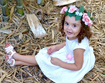 The "Baby Madison" floral halo crown // Sheer Ribbon Adjustable Floral Crown, White and Pinkish Peach Roses , Flower Girl, Birthdays