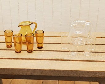 Dollhouse Miniature Drinkware Set, Hand Blown Glass Pitcher with Tumblers, 1:12 Scale