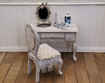 1:12 Scale Shabby Chic Dollhouse Vanity With Chair, Handmade