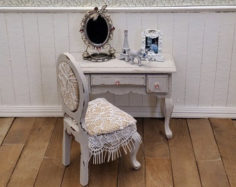 1:12 scale shabby chic 3 drawer vanity dressing table with cabriole legs and coordinating chair. Dollhouse Miniature boudoir lady's dresser.