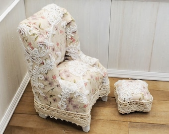 Dollhouse miniature custom finished vintage lace overlay wing chair & footstool. Romantic accent piece for boudoir or bridal suite.