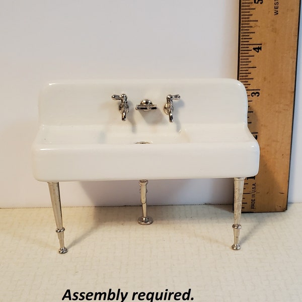 1920s style miniature dollhouse porcelain kitchen sink, white kitchen or utility sink, 1:12 scale vintage-look, needs assembly.