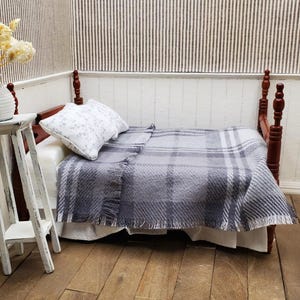Dollhouse Miniature Throw Blanket, Grey Plaid Flannel, 1:12 Scale