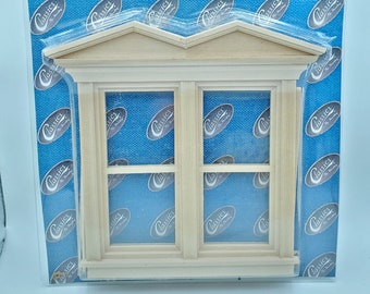 Dollhouse Wooden Window. Victorian Hooded Non-Working Double Window with Trim in 1:12 scale