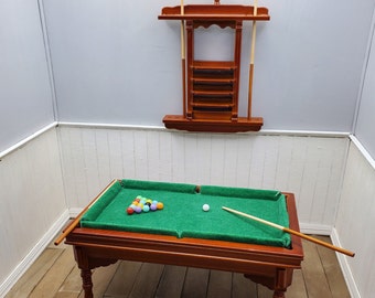 Dollhouse Miniature Walnut Pool Table Set, mini billiards game room furniture and accessories.