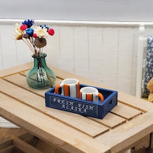 Dollhouse beach decor Alaska Fresh Fish wooden box. 1:12 scale miniature blue painted tray with handles and Fresh Fish Alaska label.