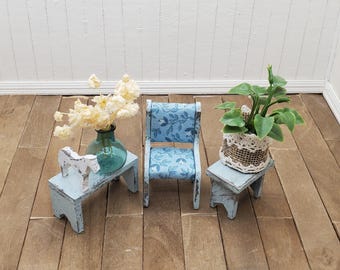 Dollhouse Miniature shabby chic chair or 2 table set. Rustic chalk-painted and distressed.