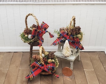 Dollhouse Miniature Christmas Basket with Pinecones and Ornaments. 1:12 Scale Holiday Decor.