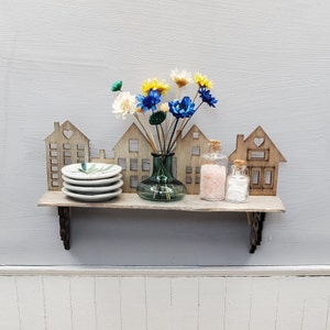 Handmade 1:12 scale weathered wood tiny house silhouette shelf. Dollhouse miniature designer look rustic farmhouse 4-inch display shelf.