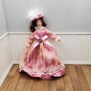 1:12 Scale Victorian Dollhouse Doll. Porcelain Miniature Lady with Fiber Hair