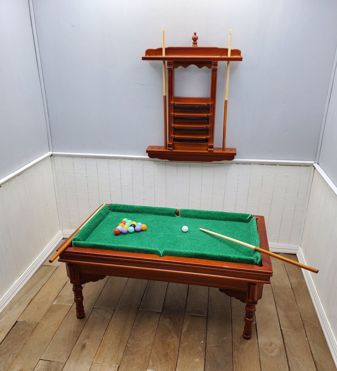 Dollhouse Miniature Walnut Pool Table Set, Mini Billiards Game Room ...